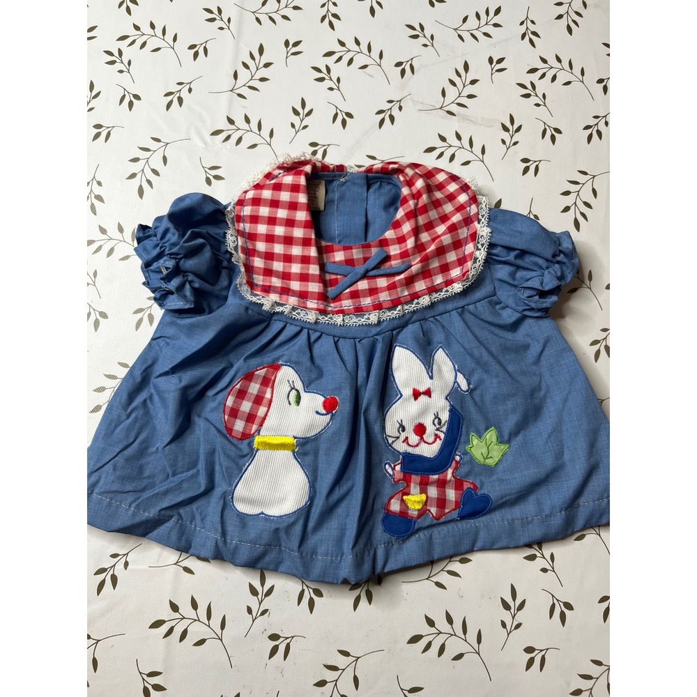 Vintage 80s 90s Judy Philippine Baby Top Blue Gingham Lace Dog Bunny 12M NEW